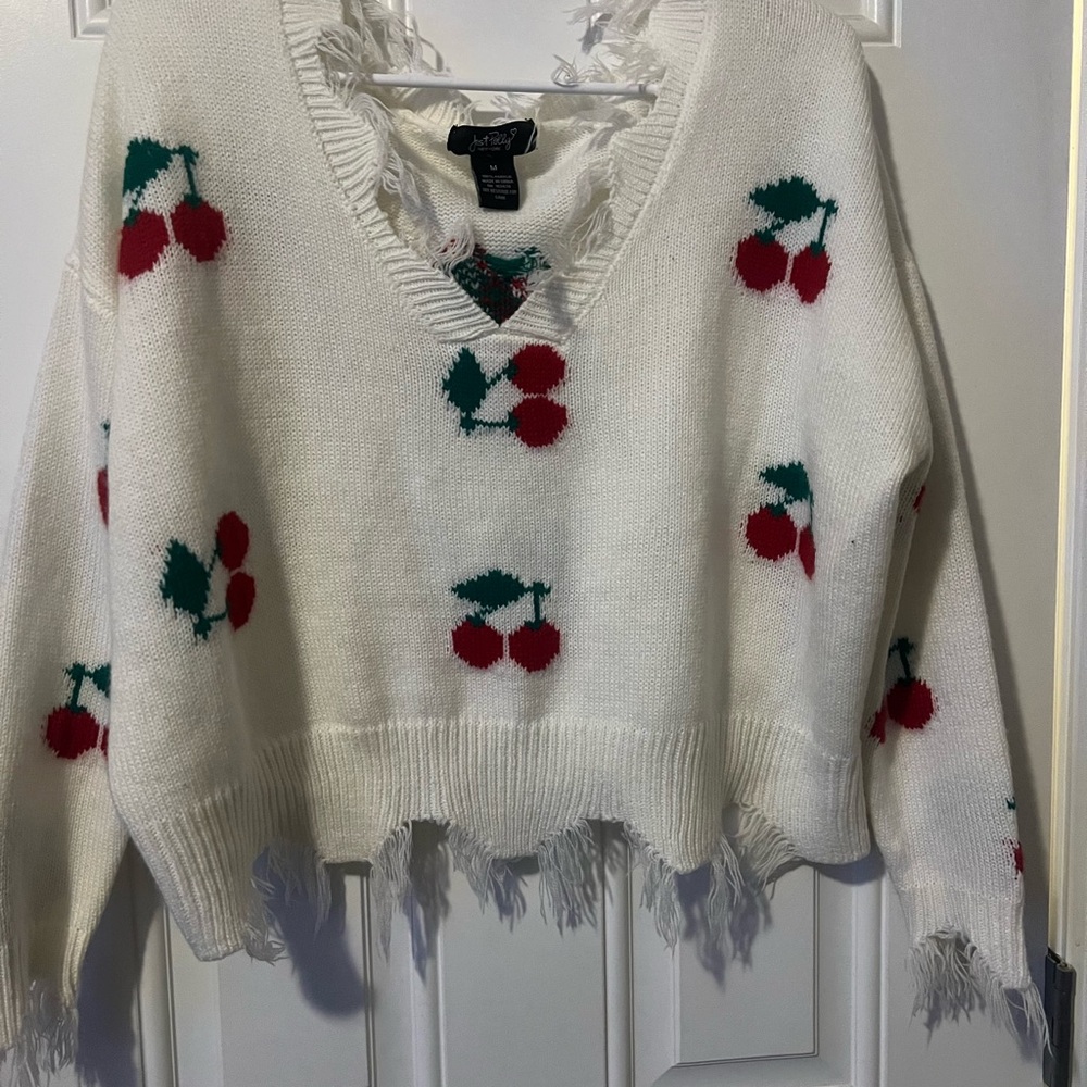 Just Polly White and Red V-Neck Sweater with Cherry Design